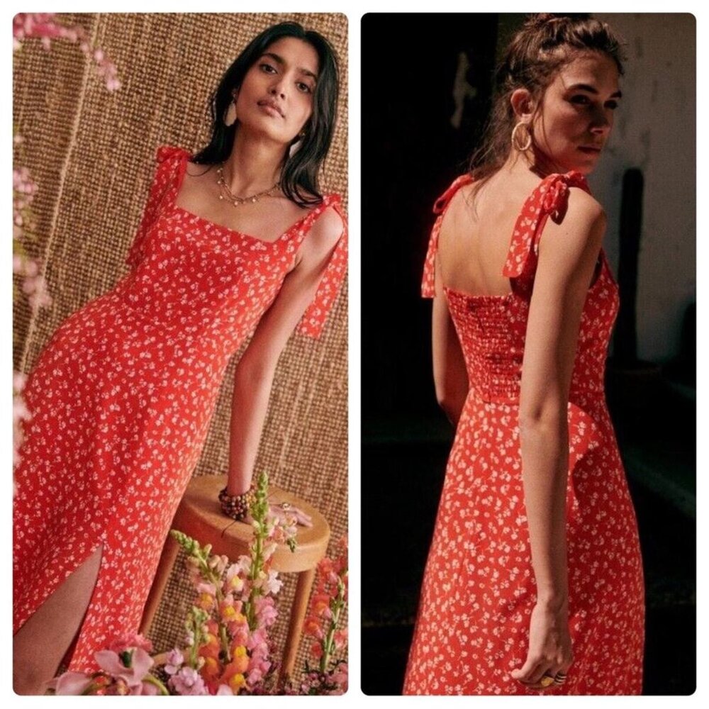 NWT Sezane Dorotha Dress in Coral Mini Flowers Size 38/US Size 6
